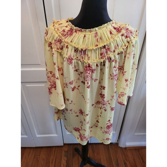 Yellow/Pink Floral Ruffle Blouse Flowy Butterflies sz L Cottage Fairy Coquette - Picture 2 of 8